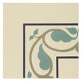 Beige moroccan internal corner tile with navy blue border and stylized leaf motif in dark blue and dark jade on white