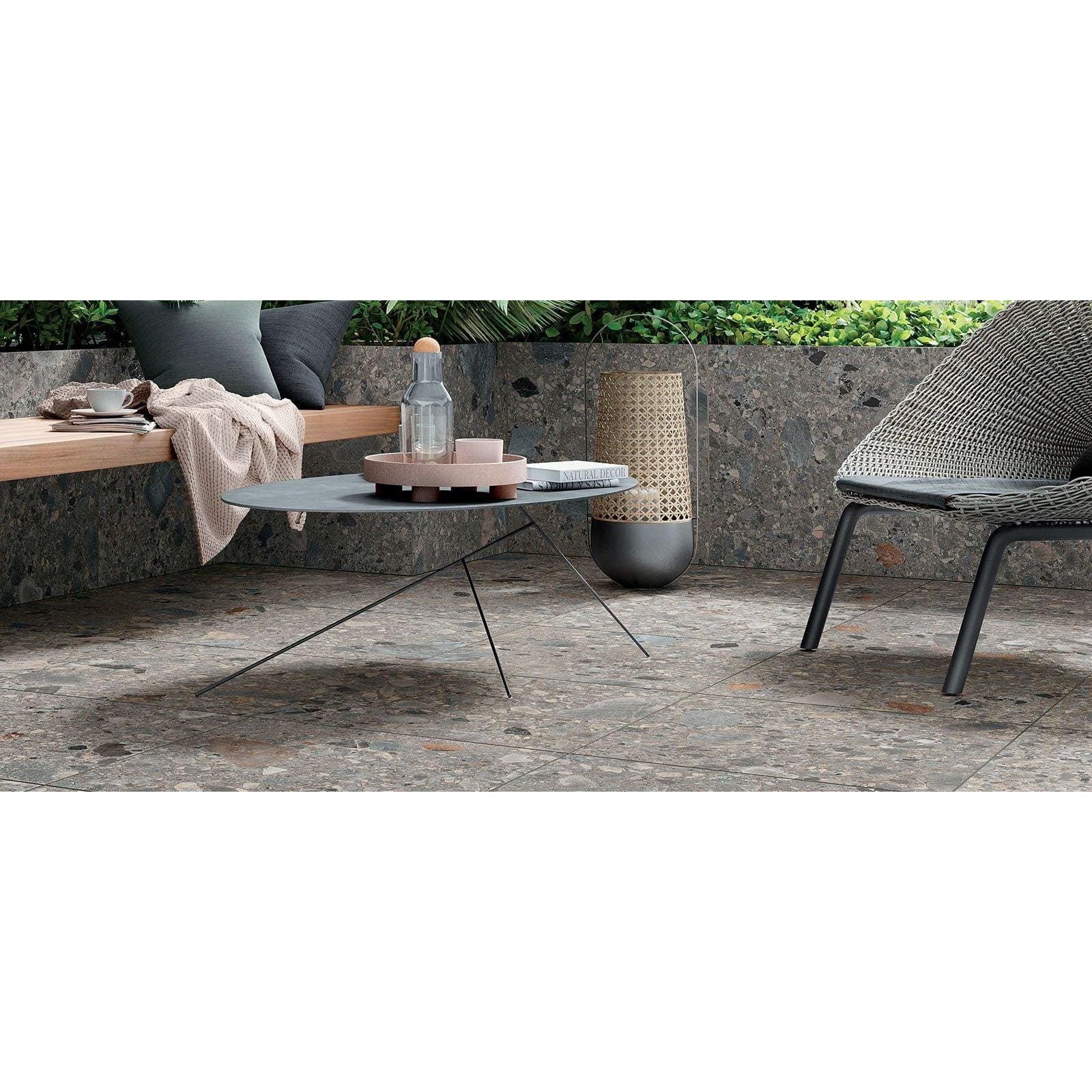 Modern minimalist norway farge matt coffee table with sleek black metal frame and dark gray stone top