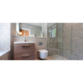 Norway Vit Matt light grey terrazzo-effect tiles with a wood-grain vanity
