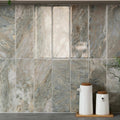 Onix verde gray marble-effect kitchen backsplash tiles with subtle veining and a glossy finish