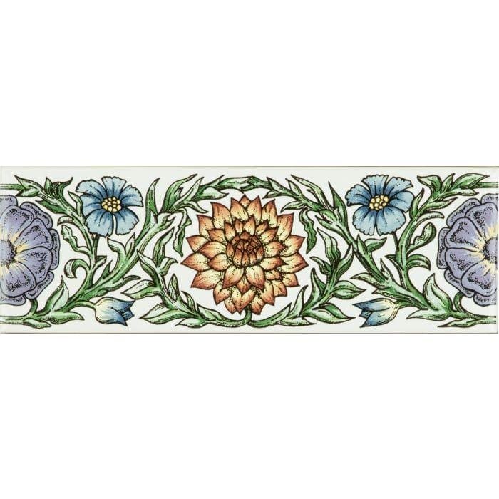Original Style Tiles - Ceramic 152 x 50 x 7mm - Per Piece Knot Garden Blue &amp; Yellow Classical Decorative Border on Brilliant White