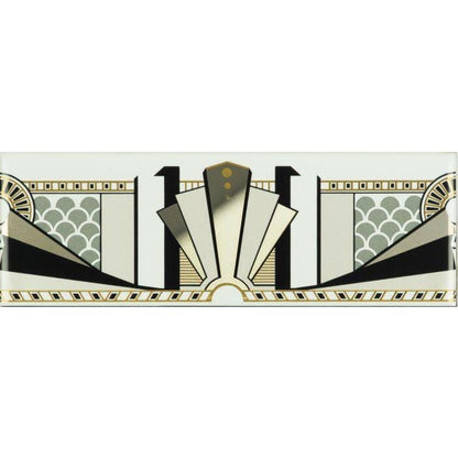 Original Style Tiles - Ceramic 152 x 50 x 7mm - Per Piece Manhattan Border With real Gold and Platinum on Brilliant White
