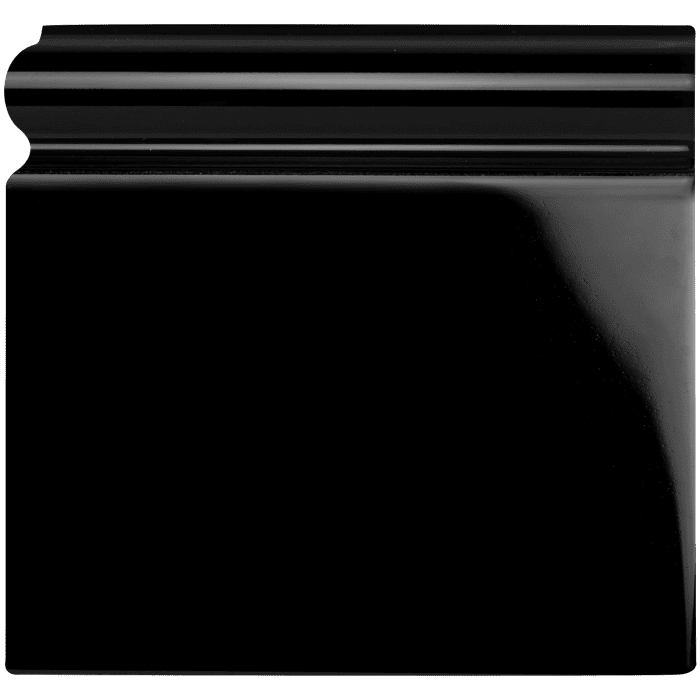 Jet Black skirting tile in black glossy ceramic with smooth reflective surface and subtle horizontal ridges on top edge
