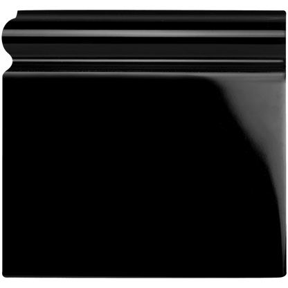Jet Black skirting tile in black glossy ceramic with smooth reflective surface and subtle horizontal ridges on top edge