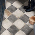 Osterley porcelain white square floor tiles in dark gray and beige checkered pattern with a rustic matte finish