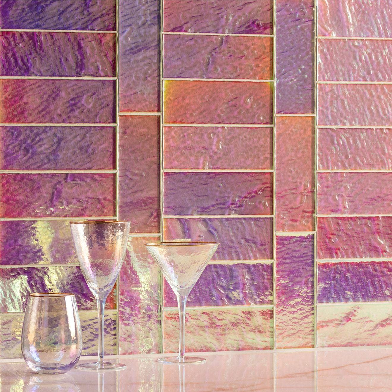 Pearl gloss brick radiance iridescent purple and pink textured glass mosaic tile wall for decorative surfaces