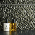 Pharaoh Decorative Glass black metallic glass tiles with two hand-care bottles