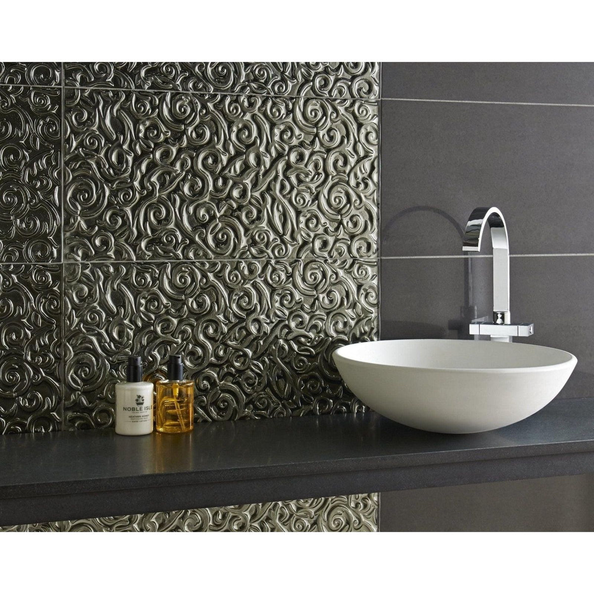 Pharaoh Decorative Glass black metallic glass tiles with a white bowl sink