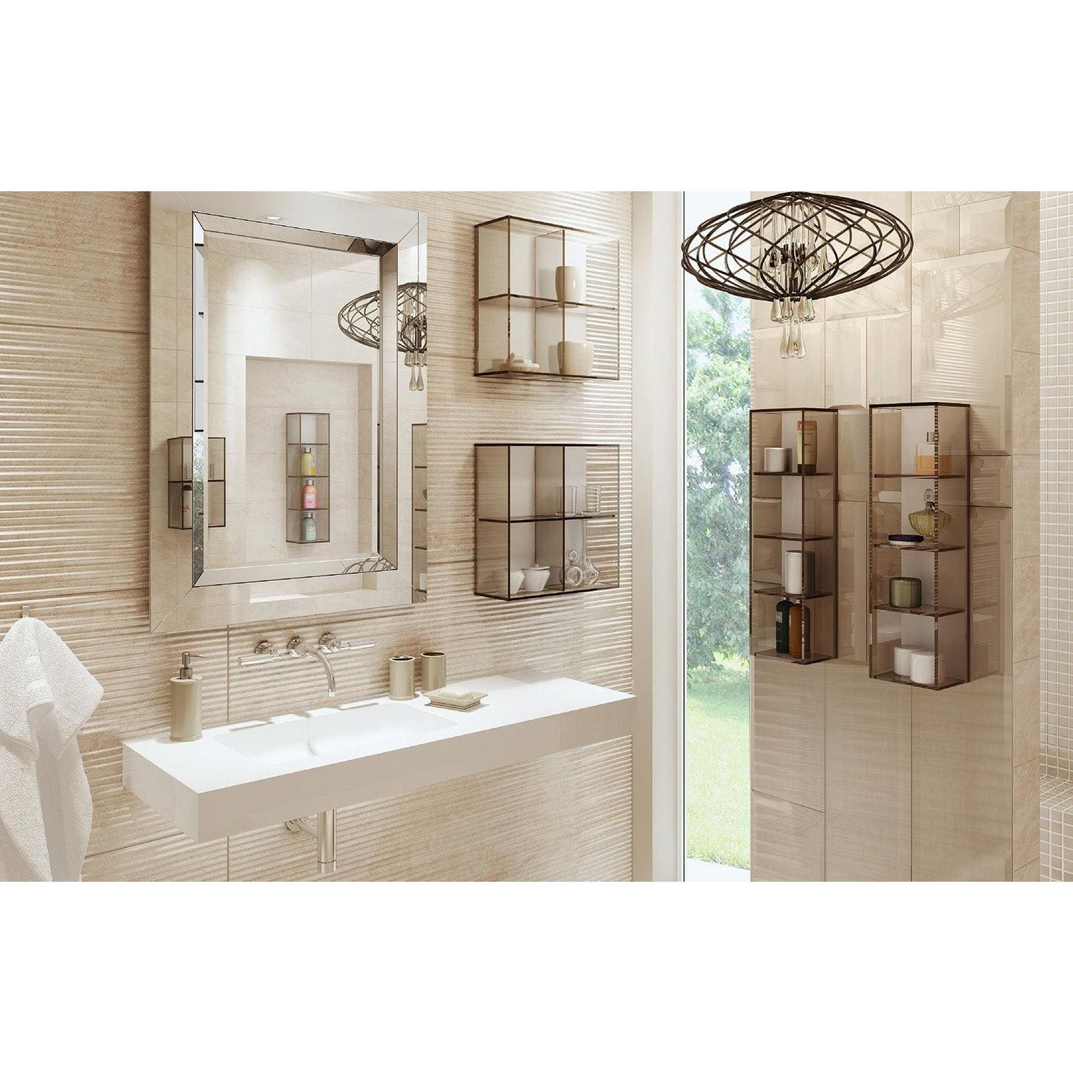 Modern rectangular pier glass bathroom mirror with sleek silver frame and integrated lighting in black finish