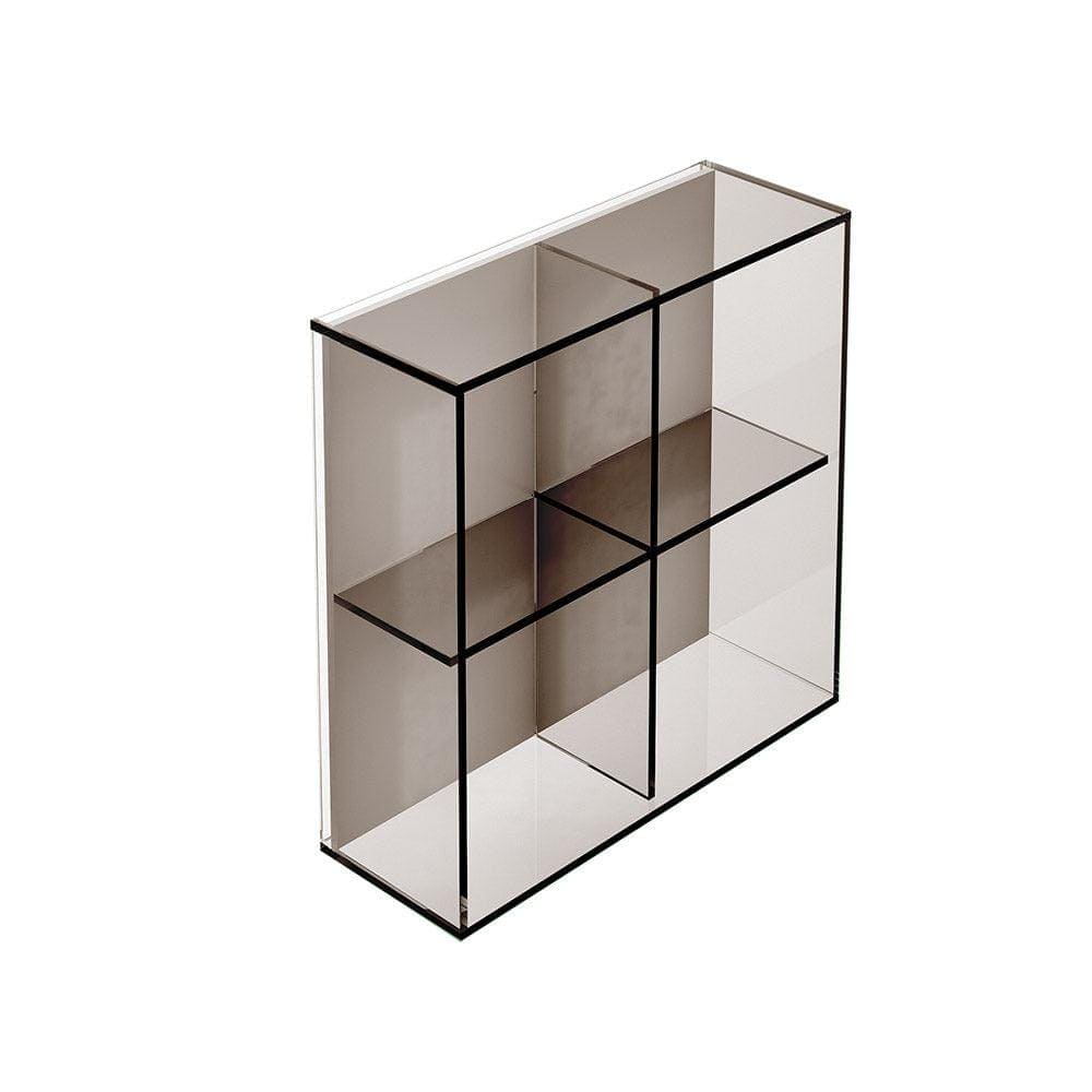 Transparent acrylic pier glass 4 box shelf with black frame and six compartments in bronze finish