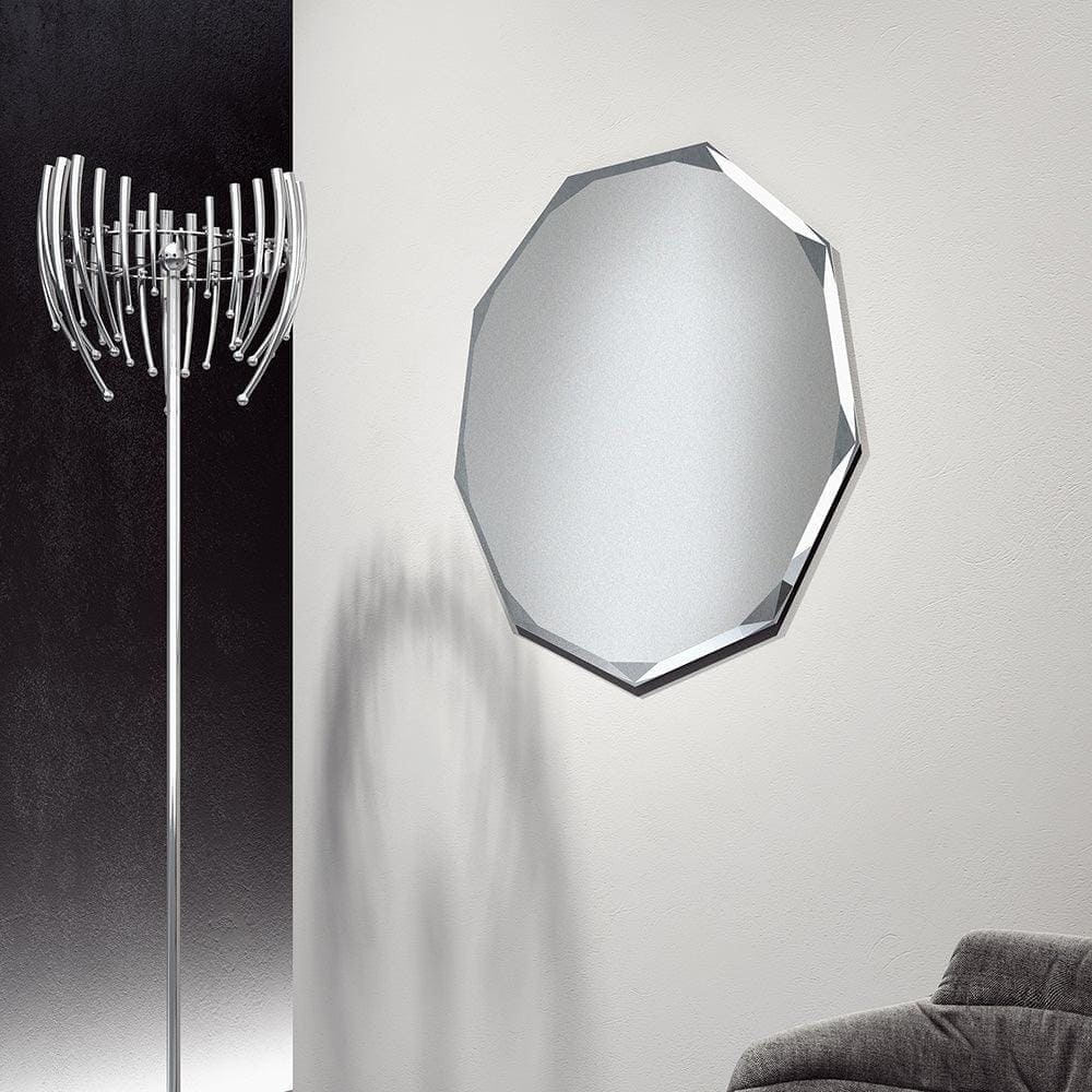 A sleek polygon mirror 67x66cm with an octagonal shape polished chrome frame and beveled edges