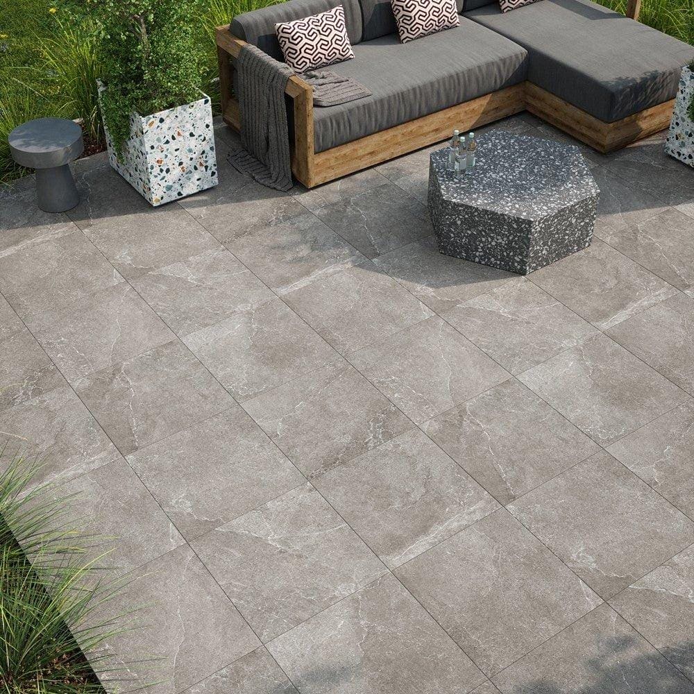 Pulse carbon tiles gray stone effect patio tiles with subtle veining and matte finish for outdoor flooring