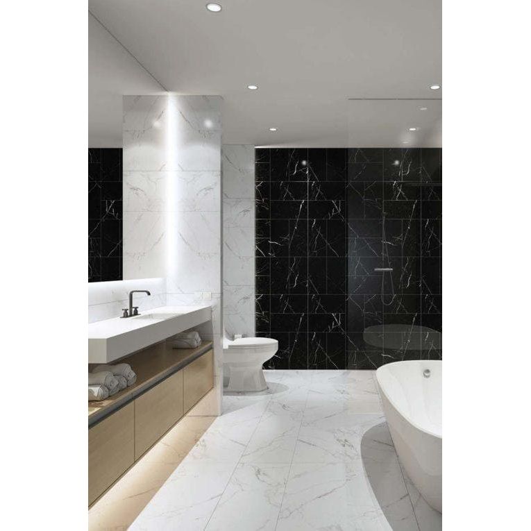 Modern bathroom featuring python ariston porcelain gloss tiles with white marble flooring and black and white veined walls