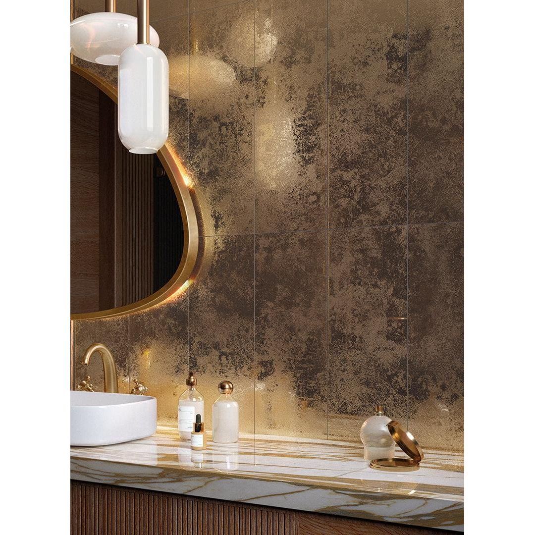 Reflect aurore antique 20 x 60cm gold-veined wall tiles with distressed mirror finish and luxurious metallic sheen