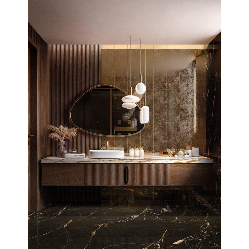 Reflect Midi Antique 20 x 60cm gold metallic tiles with an oval mirror and vanity