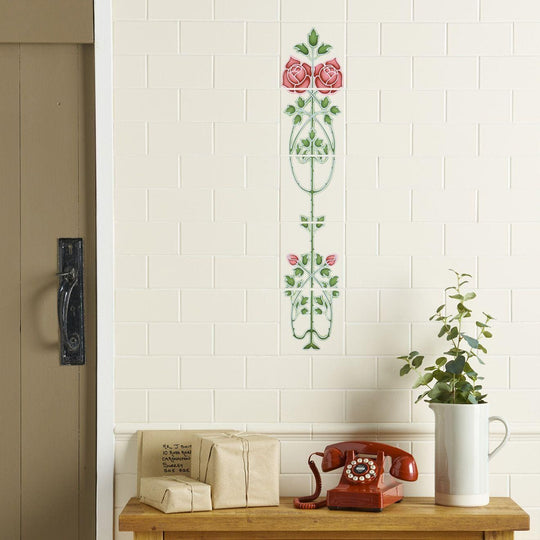 Rose And Bud Raised-Line Tiles 5-Tile Set on Colonial White - alternate view