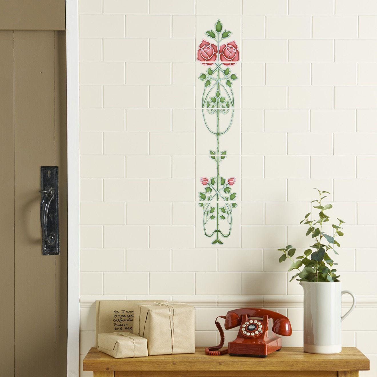 Rose And Bud Raised-Line Tiles 5-Tile Set on Colonial White – detail view 2