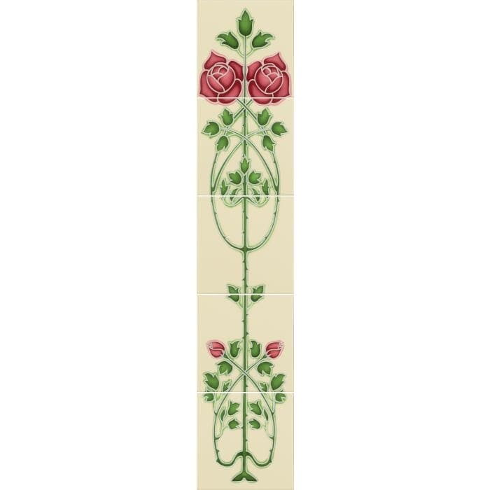 Rose And Bud Raised-Line Tiles 5-Tile Set on Colonial White