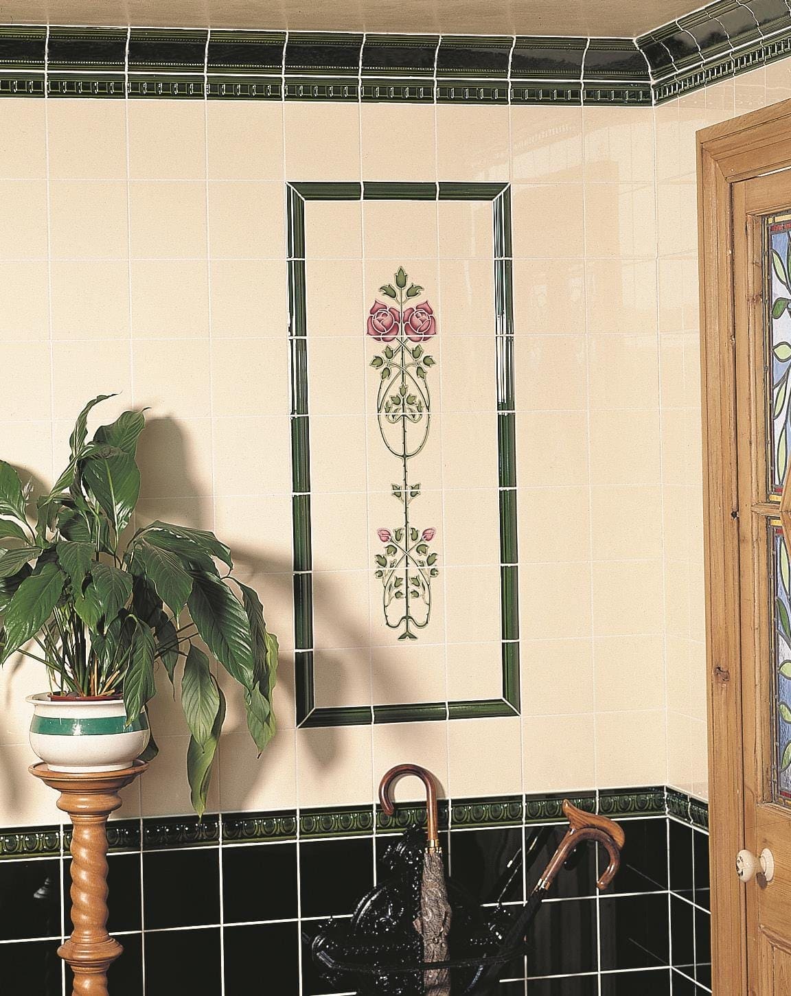 Rose And Bud Raised - Line Tiles 5 - Tile Set on Colonial White