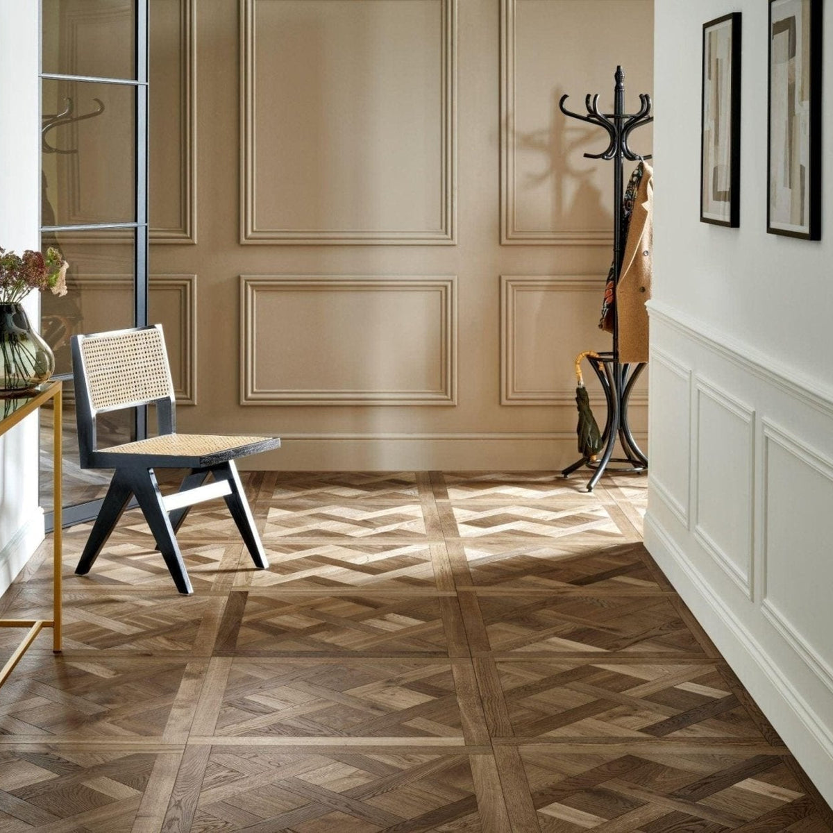 Parquet wood floor in herringbone pattern with varying brown shades made from Sandringham royal oak hardwood