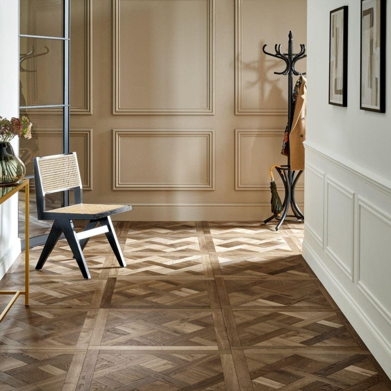 Modern interior design with a wooden parquet floor in Woodpecker Sandringham Royal Oak Design Panels, white walls, and decorative elements.