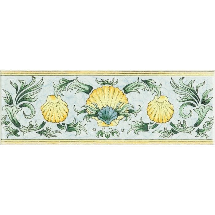 Scallop Shells Blue & Yellow Classical Decorative Border yellow and green seashell border tile on light blue