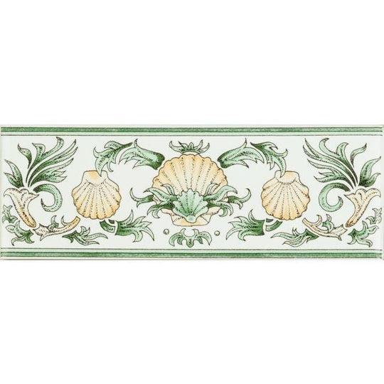 Scallop Shells Green & Buff Classical Decorative Border on Brilliant White