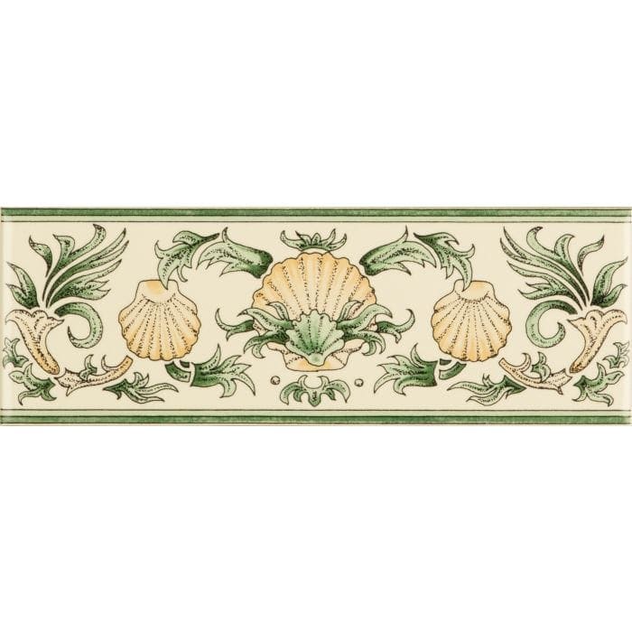 Scallop Shells Green &amp; Buff Classical Decorative Border on Colonial White - Hyperion Tiles