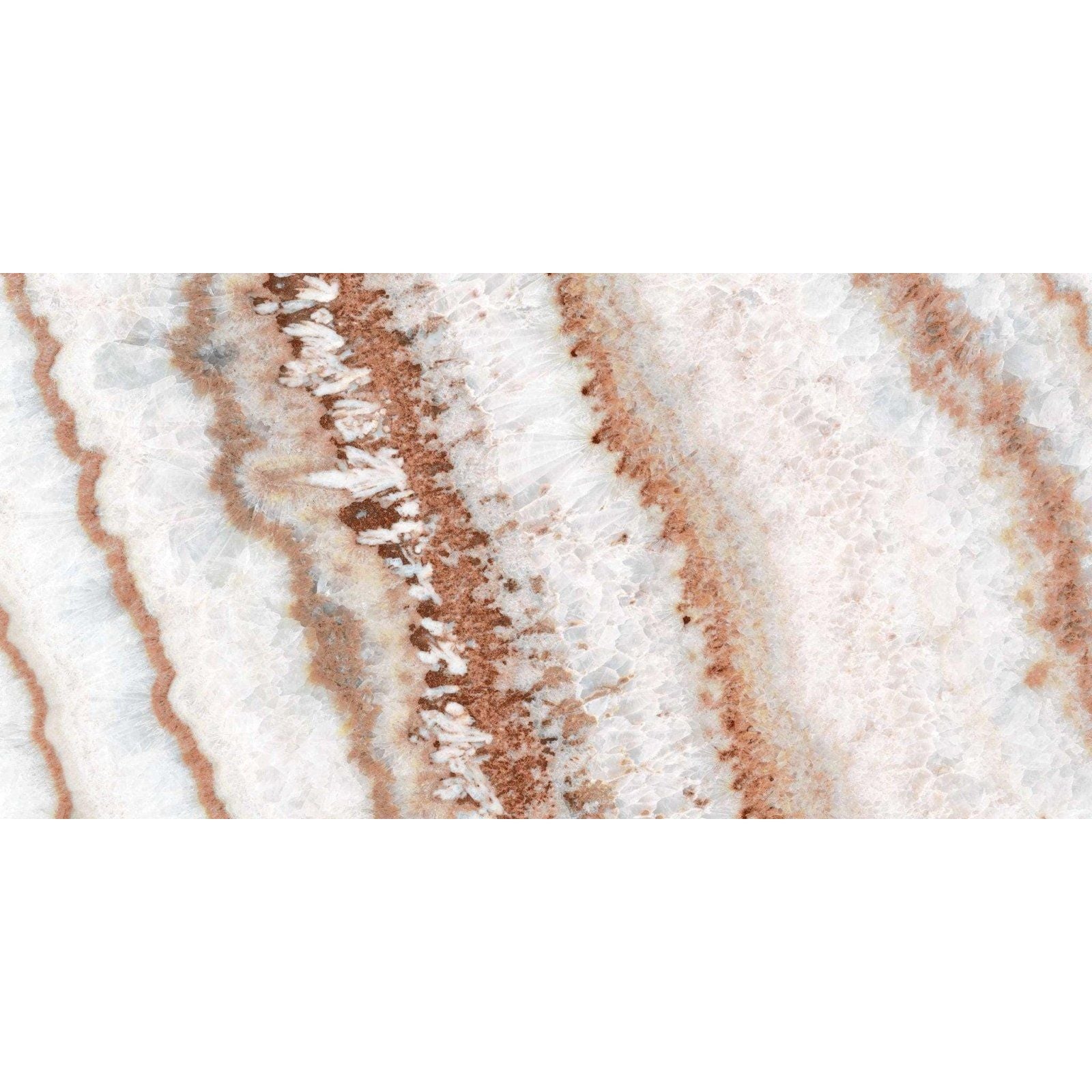 White and copper-striped marble tile from serie imperial polished with a crystalline textured surface