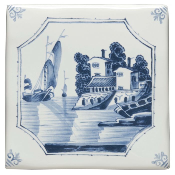 Blue and white ceramic tile featuring a traditional dutch-style ship and house delft river scene with boats and buildings