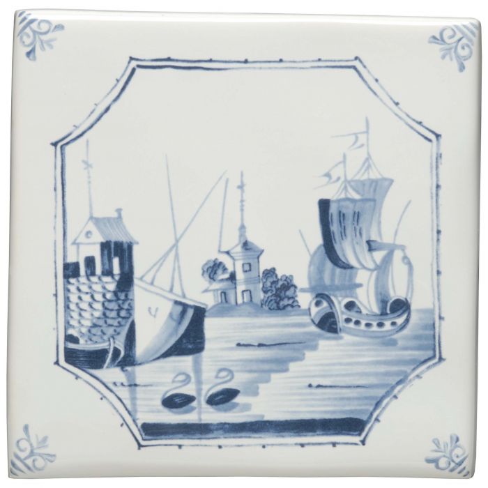 Blue and white ceramic Delft tile featuring a detailed maritime scene with ships buildings and swans in an ornate border
