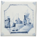 Blue and white ceramic Delft tile featuring a detailed maritime scene with ships buildings and swans in an ornate border