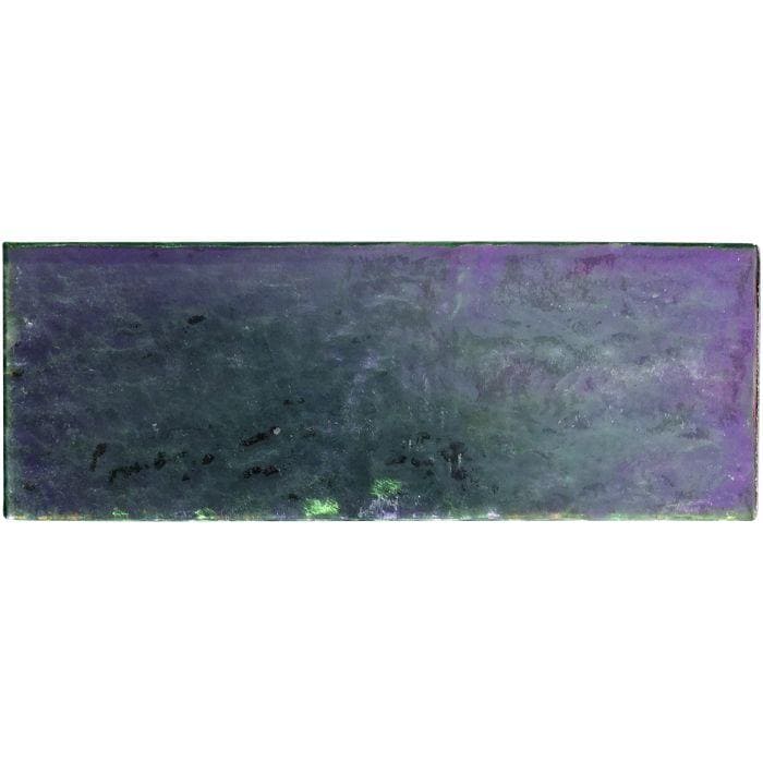 A silver gloss brick radiance rectangular ceramic tile with gradient deep purple to dark green and subtle textured patterns