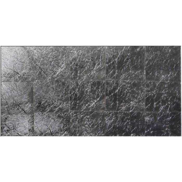 Silver leaf bold decorative glass featuring dark gray slate-effect ceramic tile with textured natural stone finish