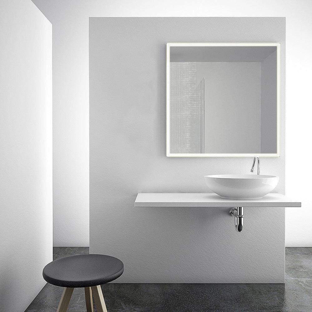 White rectangular solid light mirror 120 with a slim illuminated frame mounted above a white vessel sink