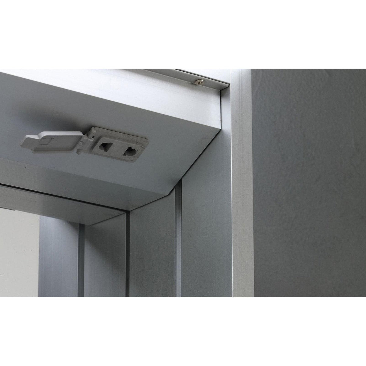 Silver metallic cabinet hinge with integrated latch mechanism for space ii cabinet double door 90x70cm