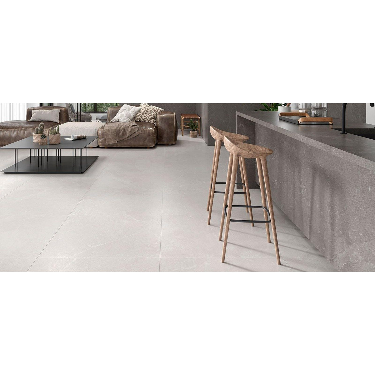 Light gray matte-finish ceramic floor tiles storm white matt with subtle veining for indoor flooring use
