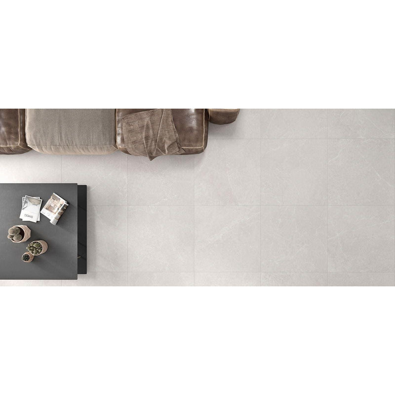 Storm white matt light gray rectangular floor tiles with a subtle matte finish for modern flooring designs