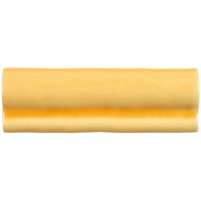 A smooth glossy yellow ceramic straw torus moulding tile with a subtle horizontal deep orange band in the center