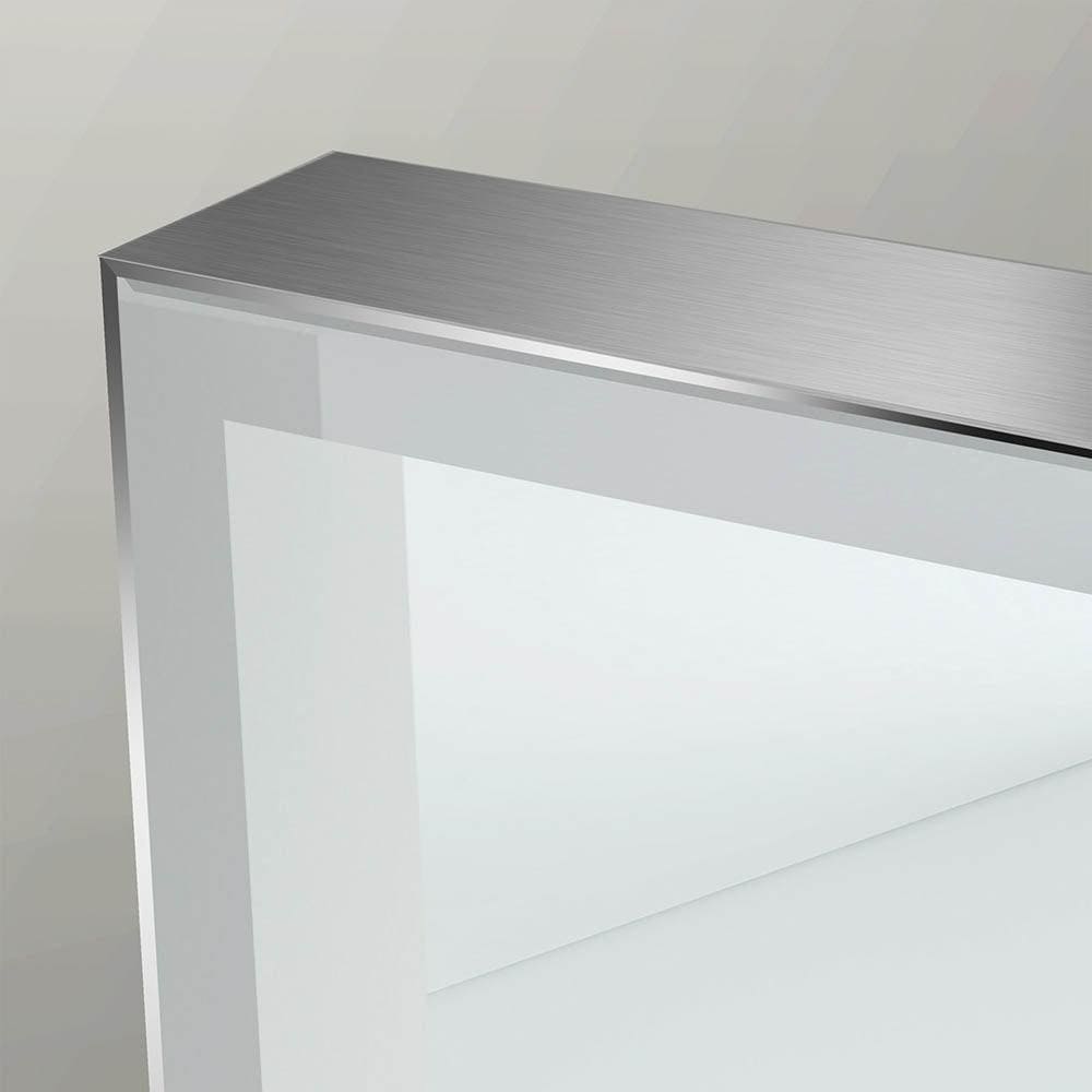Tate Light rectangular mirror 120 polished with modern minimalist console table featuring brushed stainless steel top and frosted glass sides