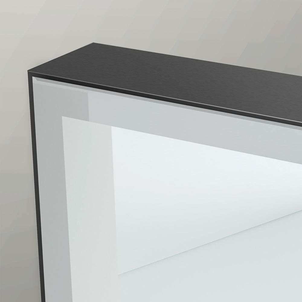 Modern console table with sleek black top and glossy white sides paired with tate light rectangular mirror 50 black