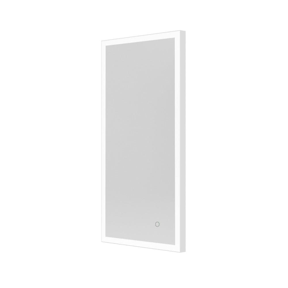White-framed rectangular bathroom mirror tate light with integrated led lighting and circular control button bottom center