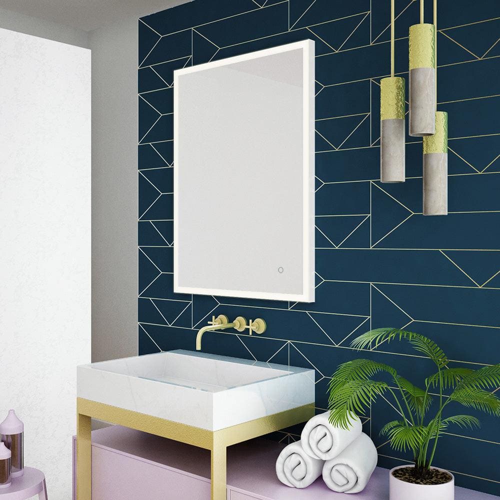 Tate Light rectangular frameless white mirror with integrated led lighting and a small circular control button on the lower right