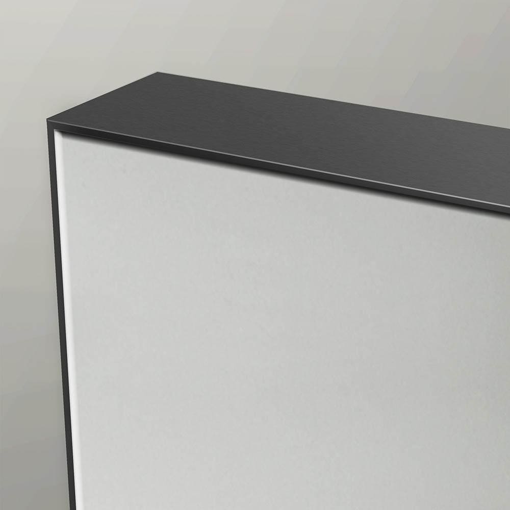 Modern minimalist cabinet with sleek black top and white sides shown alongside tate rectangular mirror 120 black