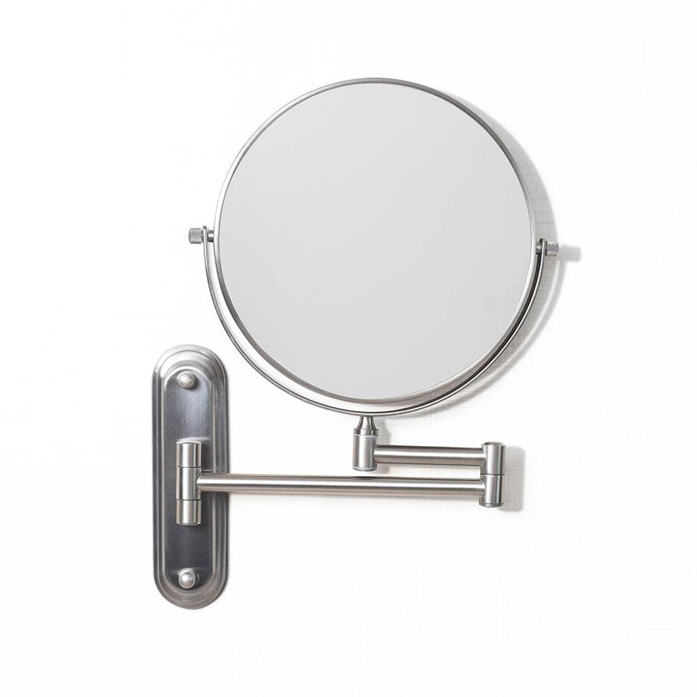 Silver-finished circular taylor reversible 5x magnifying wall mirror with telescoping arm in brushed nickel