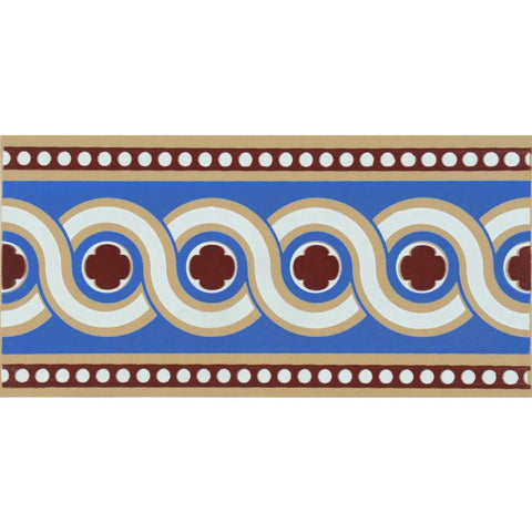 Telford border blue decorative tile border with blue beige and maroon repeating circular motifs