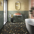 Terrazzo Colore Dark Tiles black terrazzo tiles with a terracotta vessel sink on a floating vanity