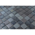 Dark gray square textured glass mosaic tiles with a glossy finish from texturas neo textured glass mosaic collection