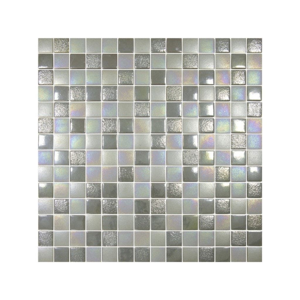 Silver and gray textured glass mosaic tile with shimmering iridescent finish from texturas suite collection