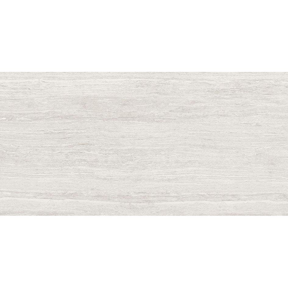 Travertine silver satin porcelain tiles with white textured surface and subtle gray veining resembling natural stone